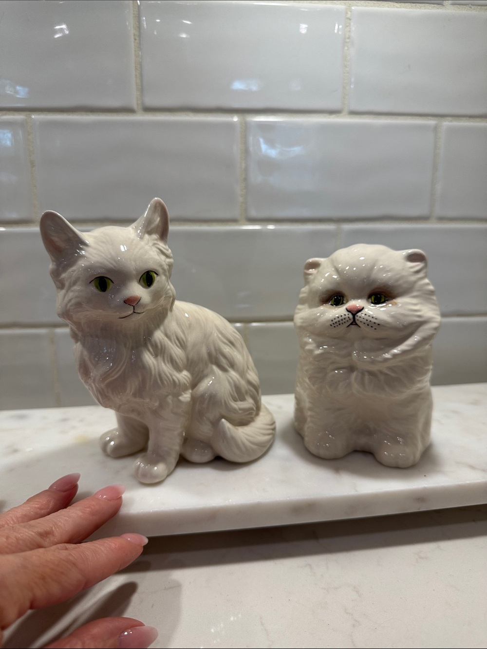 Vintage White Ceramic Cat Figurine Set Mid-Century Modern Kitschy Decor